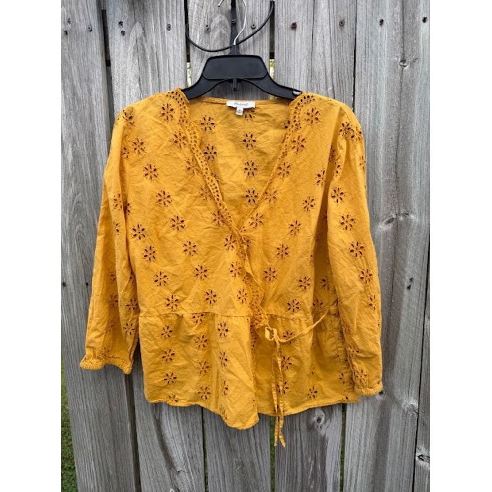 Cottagecore Boho Madewell Wrap Top M Yellow Eyelet Peplum Blouse Mustard